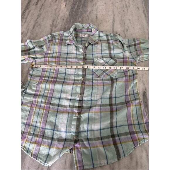 Candace Cameron Bure Linen Blend Button Front Shirt Aqua Plaid XS Preppy Casual - Picture 6 of 7
